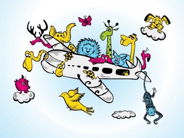 snakes and other animals cartoon on a plane pack