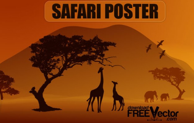 Savannah poster vector with giraffe family eating tree leaf over sunset light