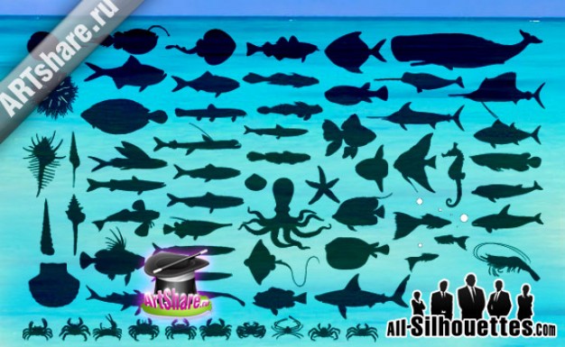 sea Fish Vector Silhouettes over blue water background