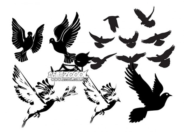 six pigeons silhouette vector material in black and white