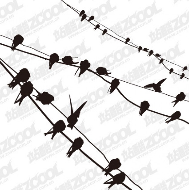 Static birds standing at wires vector material