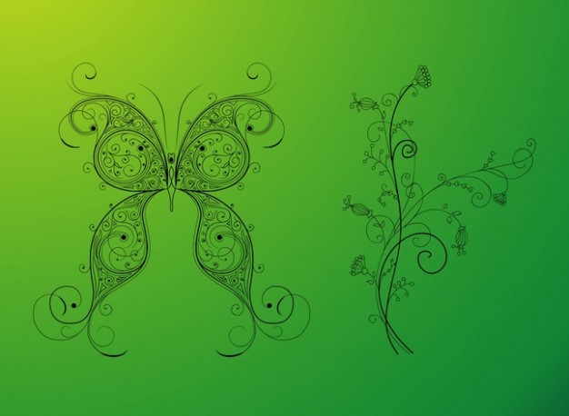 Swirly nature floral and butterfly designs vector with green background