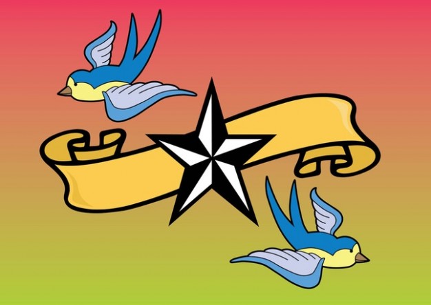 Tattoo Birds Vector with ribbon and star