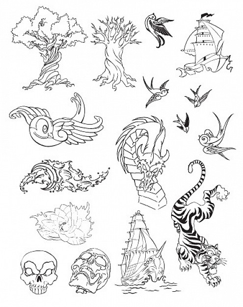 Tattoo Vector Set like dragon tree bird cloud tiger