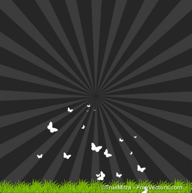 butterflies flying from grass with Dark abstract sunburst background
