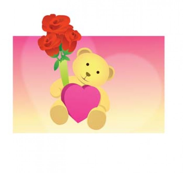 teddy bear with bouquet of rose over pink background