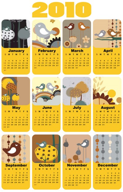 the 2010 calendar template vector with Lovely bird theme