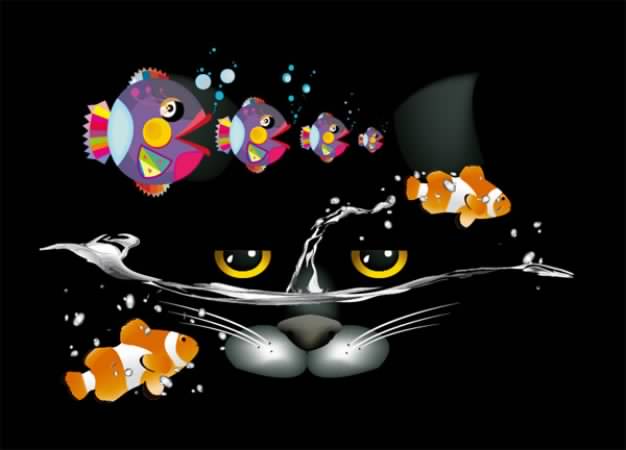 tropical fishs vector material over black cat face background