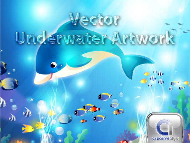 Underwater Artwork Vector with dolphin and tropical fish