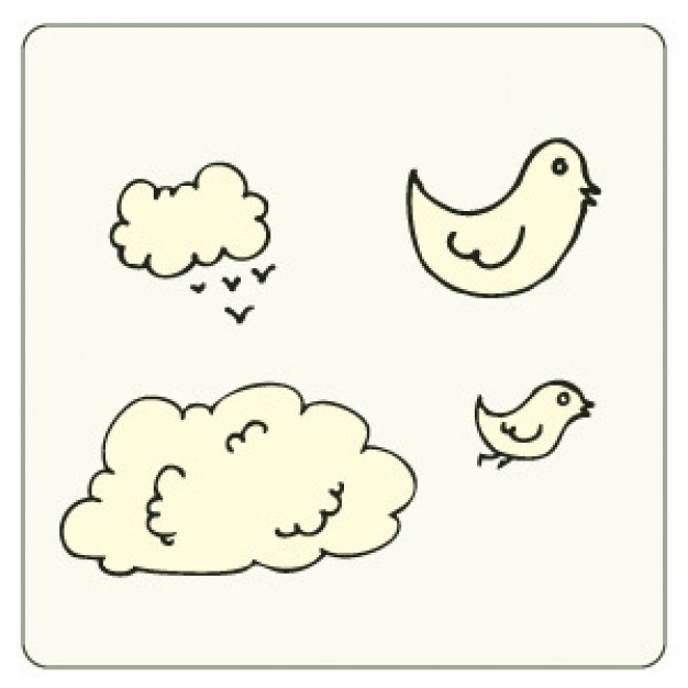 clouds and birds doodle with earth yellow background