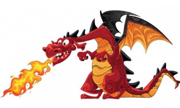 Happy flaming cartoon red dragon with black wing