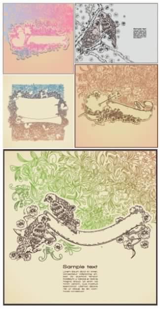 Line drawing style pattern with flower bird material