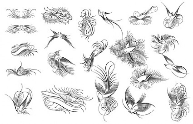 variety of Elegant Birds clipart like flowers in black and white