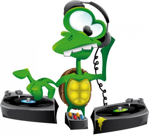 funny Turtle DJ with earphone in front view
