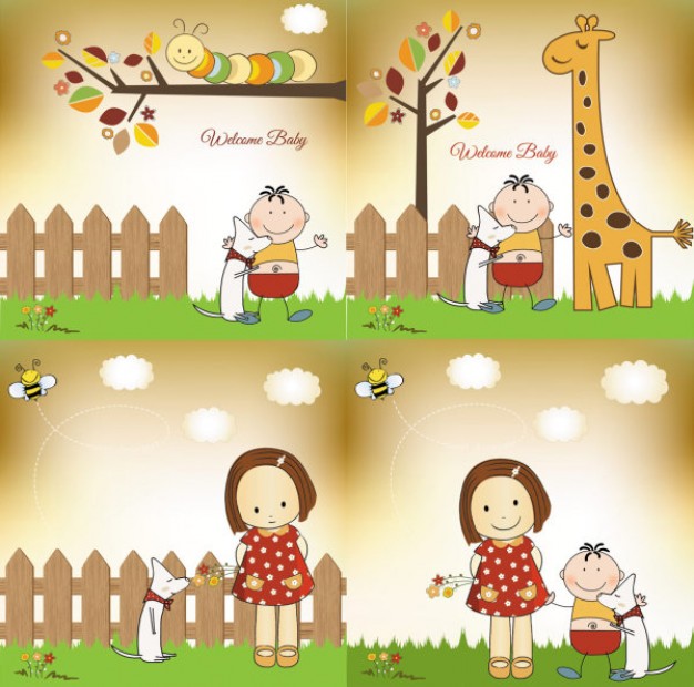 Warm cartoon scene Vector with cute boy and girl dog giraffe