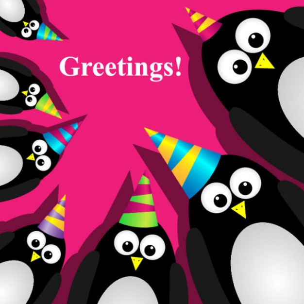 penguins with cone hats at edges of a fuchsia background