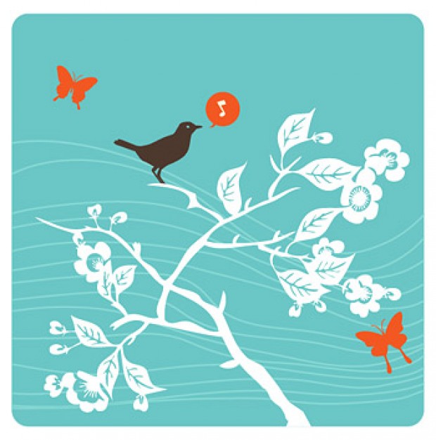 white Branches and singing birds vector material with orange  butterfly