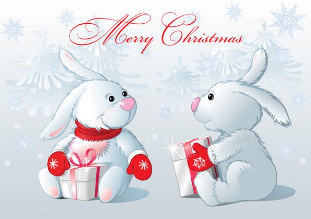 white rabbits with glove sitting giving away gifts boxes