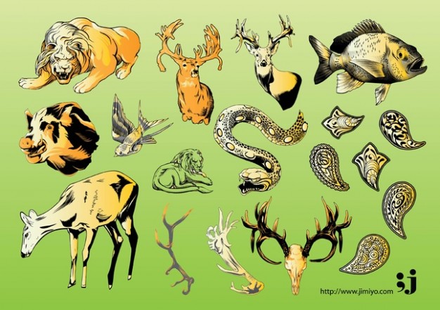 Wildlife Illustrations Vector with snake elk tiger over green background