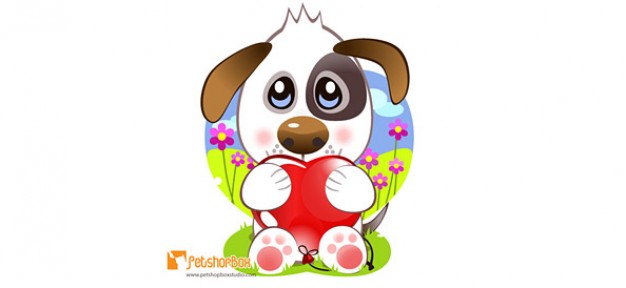 cute puppy holding a heart with landscape background