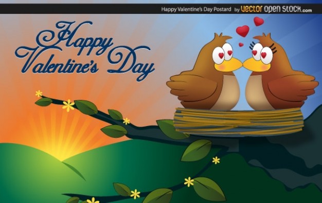 couple birds for happy valentine postcard with morning background