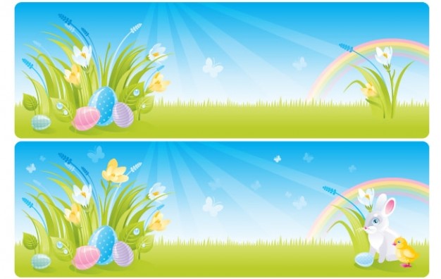 Colorful Spring Easter Vectors including Bunny Grass Rainbow and egg