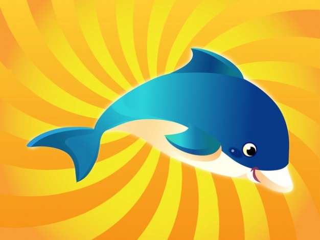 Happy cute blushing dolphin with yellow radiant background