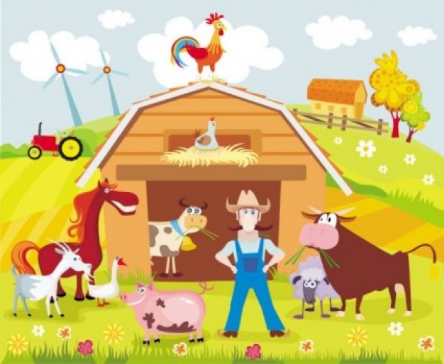 Colorful cartoon farm with cowboy and animals background