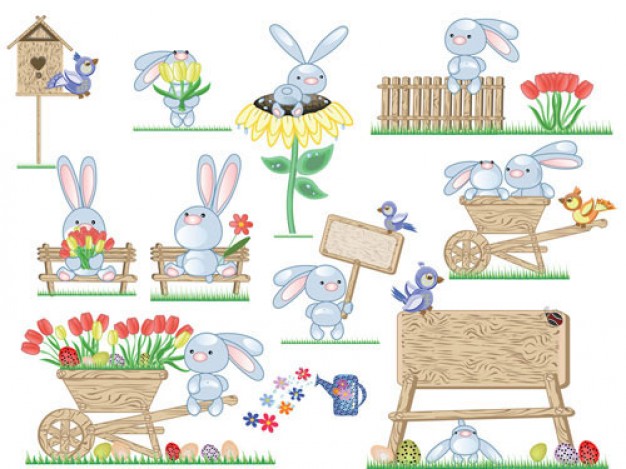 Cute bunny Easter eggs including different field