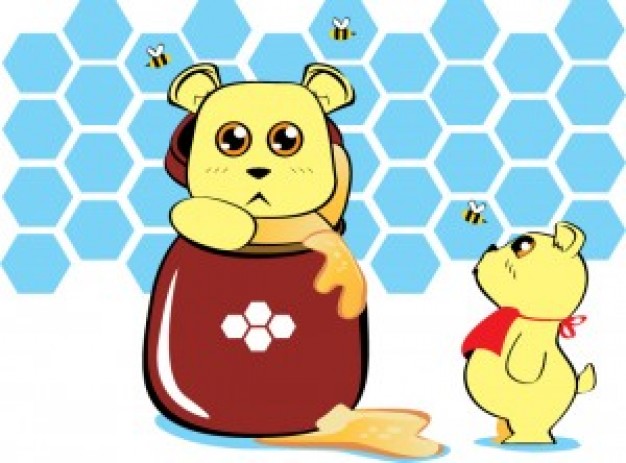 Anime bears with honey jar with beehive background