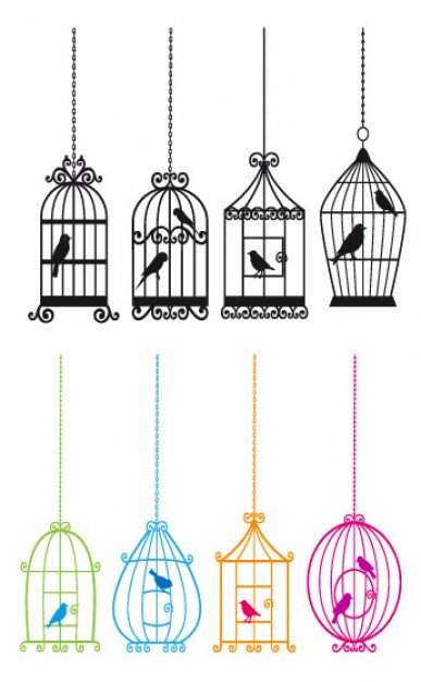  four colorful and four gray bird cages