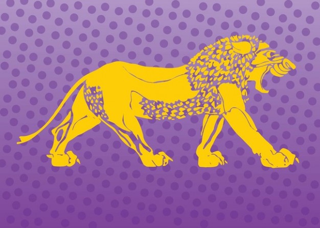 yellow Lion walking in side view Logo Vector over purple dots background