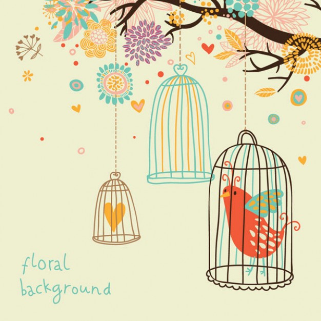 birds and a heart within a cages hanging from a branch with flowers