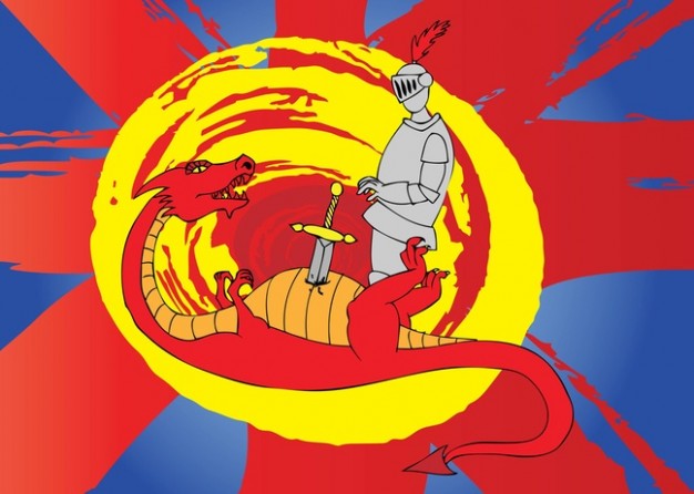 Saint George kill dragon with red and yellow background