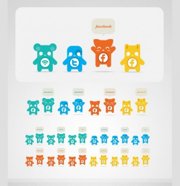 social media icons with different size belly bear set