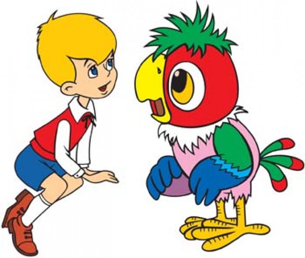 Boy talking with bird of colorful cartoon