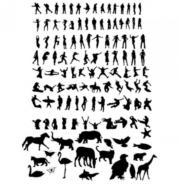 variety black action animal silhouettes like elephant people