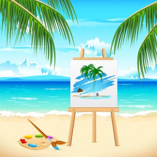Island restful Paint tropical vacation with easel and palette about Caribbean Aruba