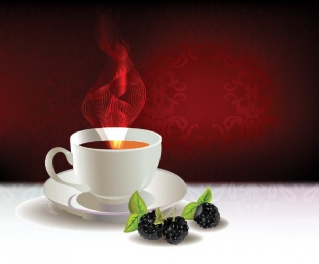 Teacup realistic Tea teacup with blackberries in a red background about Beverages Food