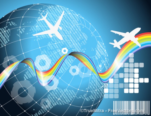 airplane traveling earth and rainbow line background set