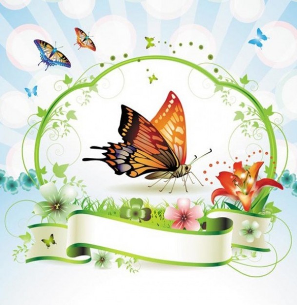 beautiful spring landscape with ribbon and butterfly flying banner