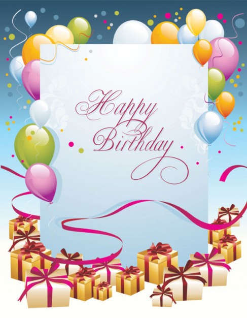 birthday card with gift boxes and surrounded balloons for postcard design
