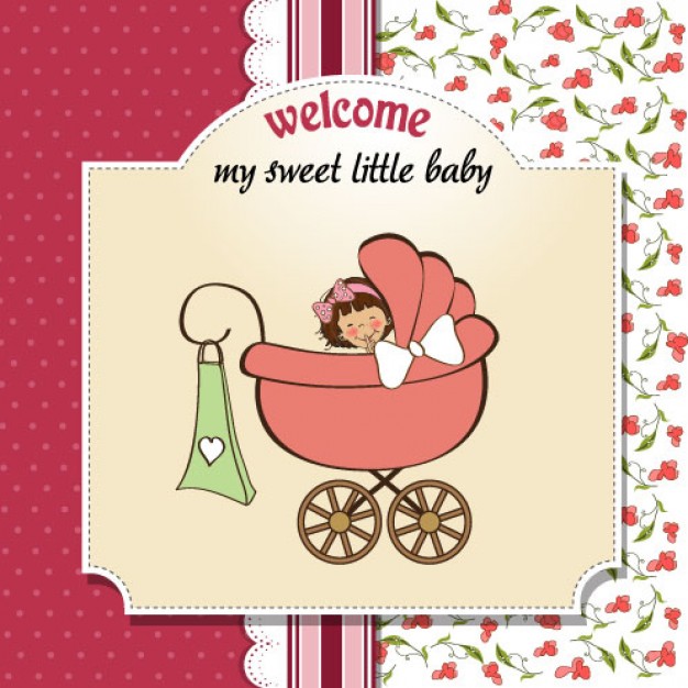 cartoon baby card with baby carriage and baby