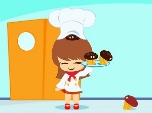 child girl chef cartoon with cupcakes