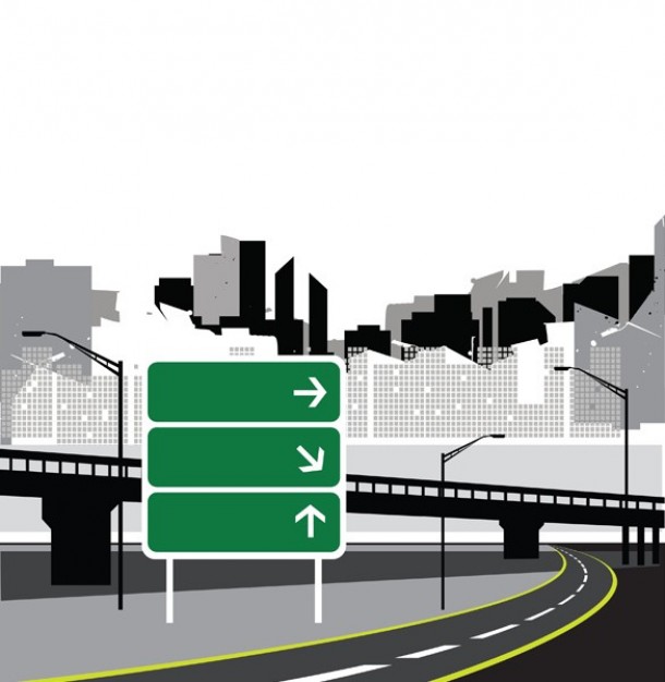 city road skyline sign with bridge and city background