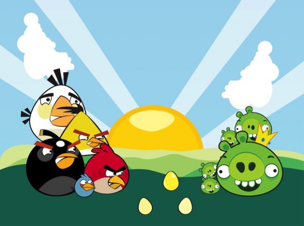 colorful angry birds characters with radiant background