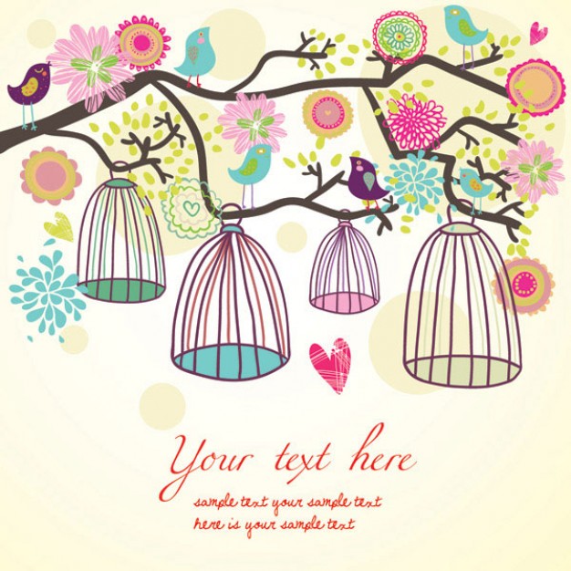 cute bird and cage on the branch with flowers