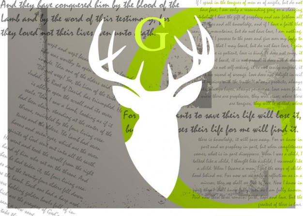 deer silhouette over text with big green G letter