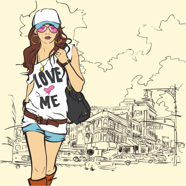 fashion girl walking over city background for T-shirt