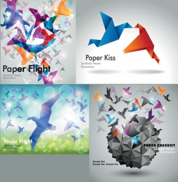 four origami birds art backgrounds set